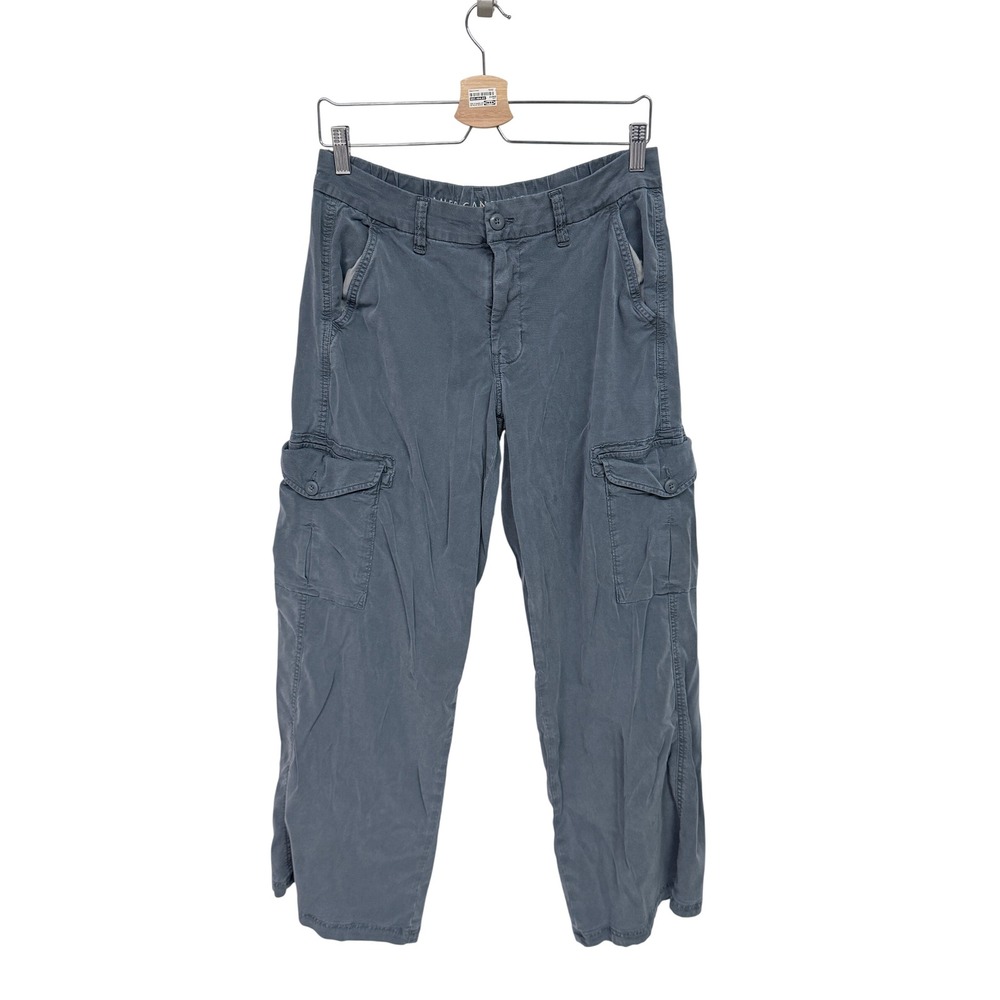 American Eagle Mid-Rise Baggy Wide Leg Cargo Pants Blue Gray Size 8 Stretch